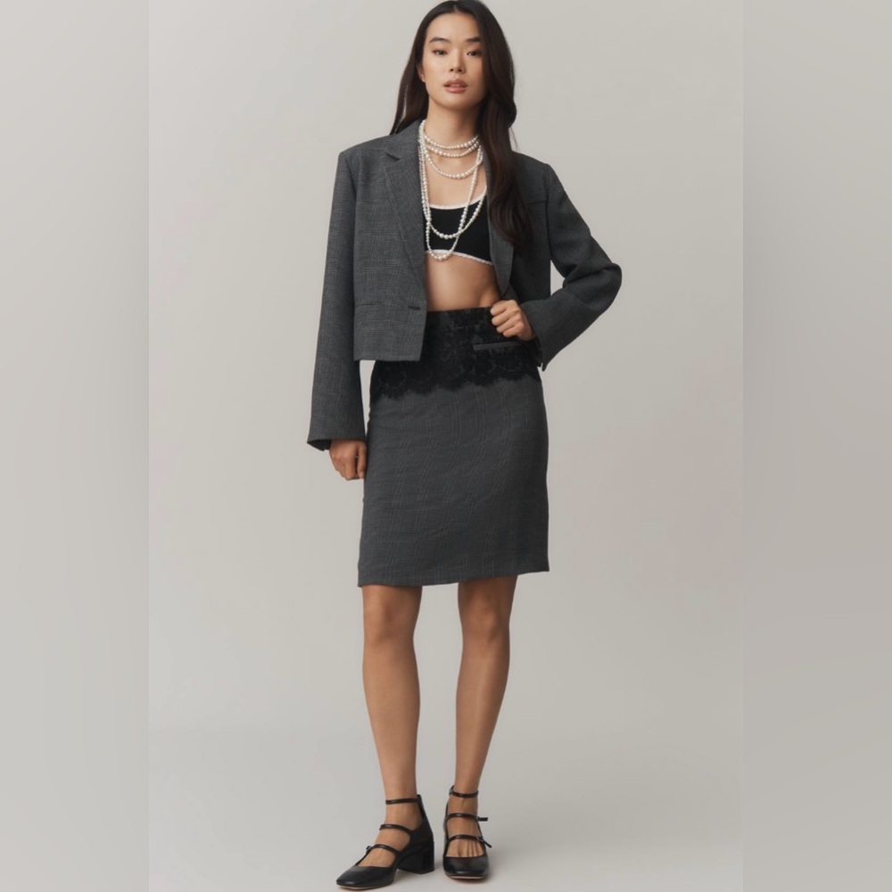 Anthropologie Lace-Blocked Knee-Length Pencil Skirt in Grey Houndstooth